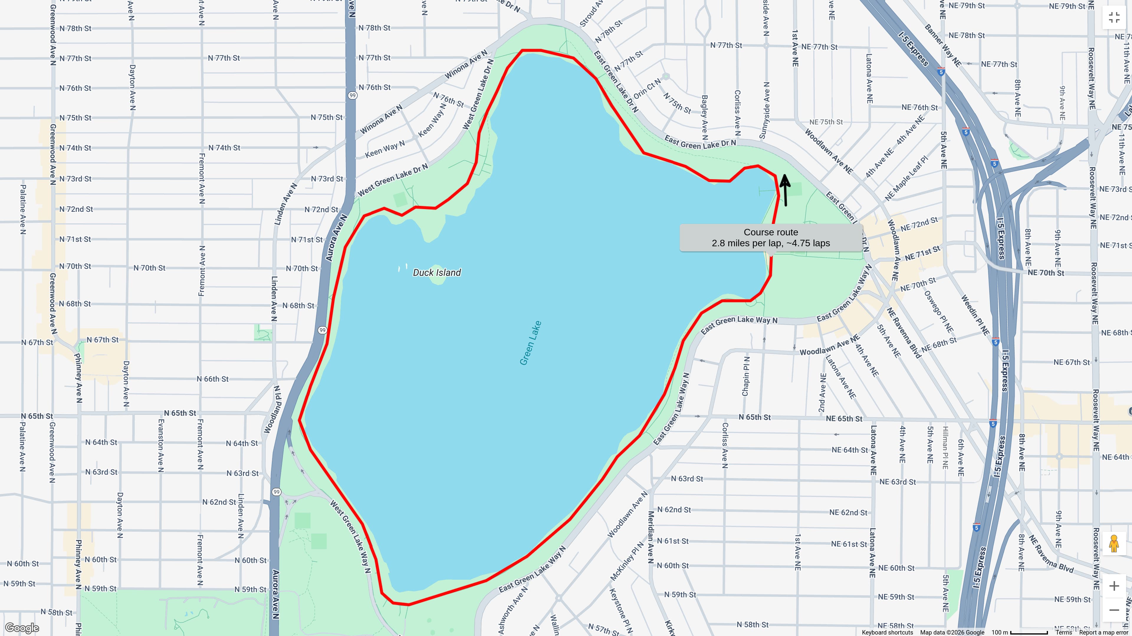 The Green Lake Half Marathon route map showing the 13.1 mile course around Green Lake